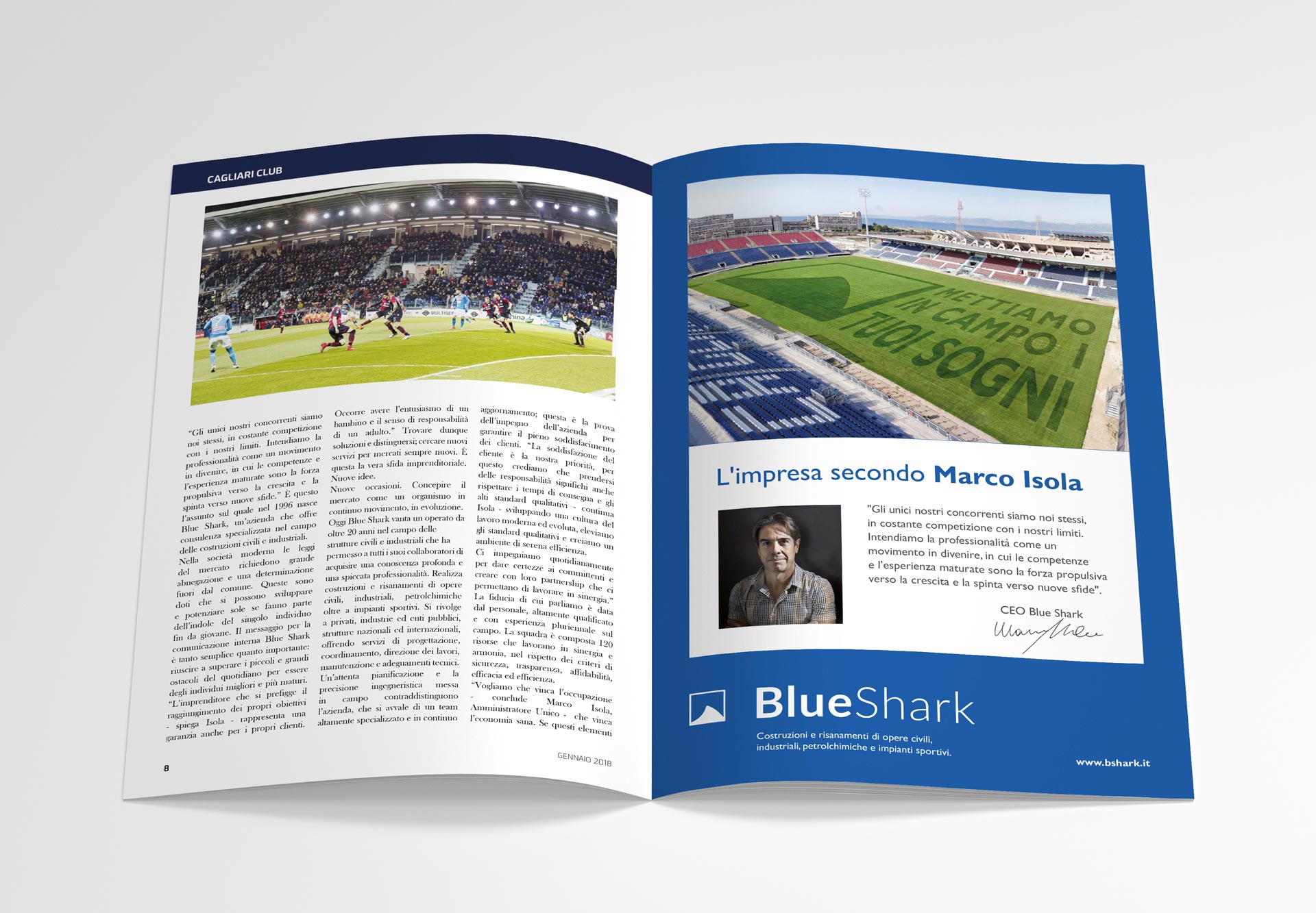 Pubblicità Blue Shark sulla rivista Cuore Rossoblù del Cagliari Calcio. CARE Web & Design