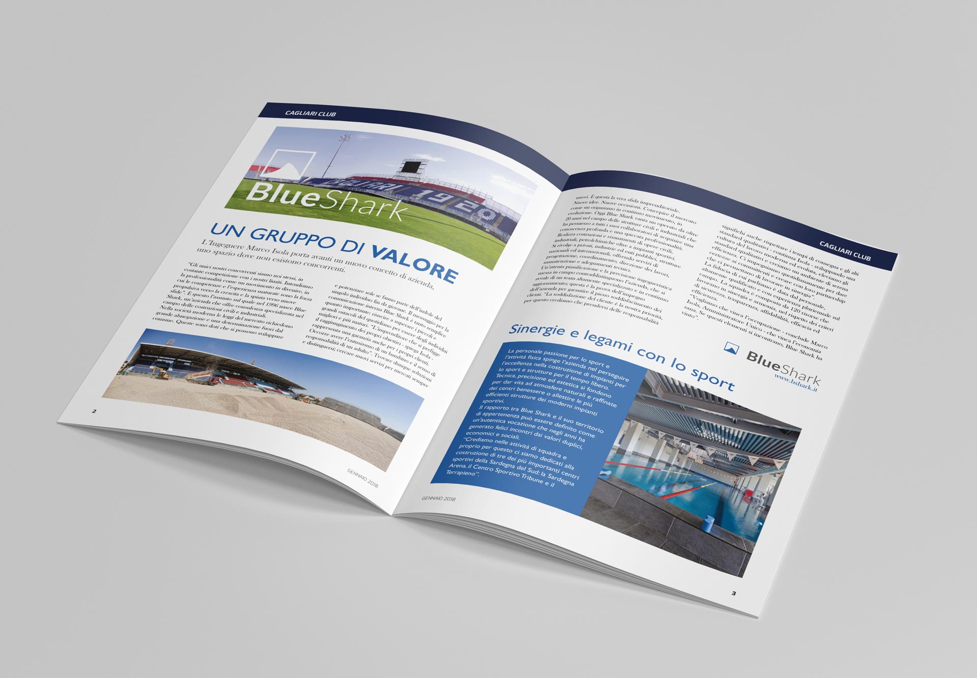 Editoriale Blue Shark sulla rivista Cuore Rossoblù del Cagliari Calcio. CARE Web & Design